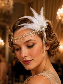 1pc Vintage 1920s Flapper Feather Headband, Long Rhinestone Tassel Gatsby Women's Evening Party Headpiece - Rhinestones - View 2