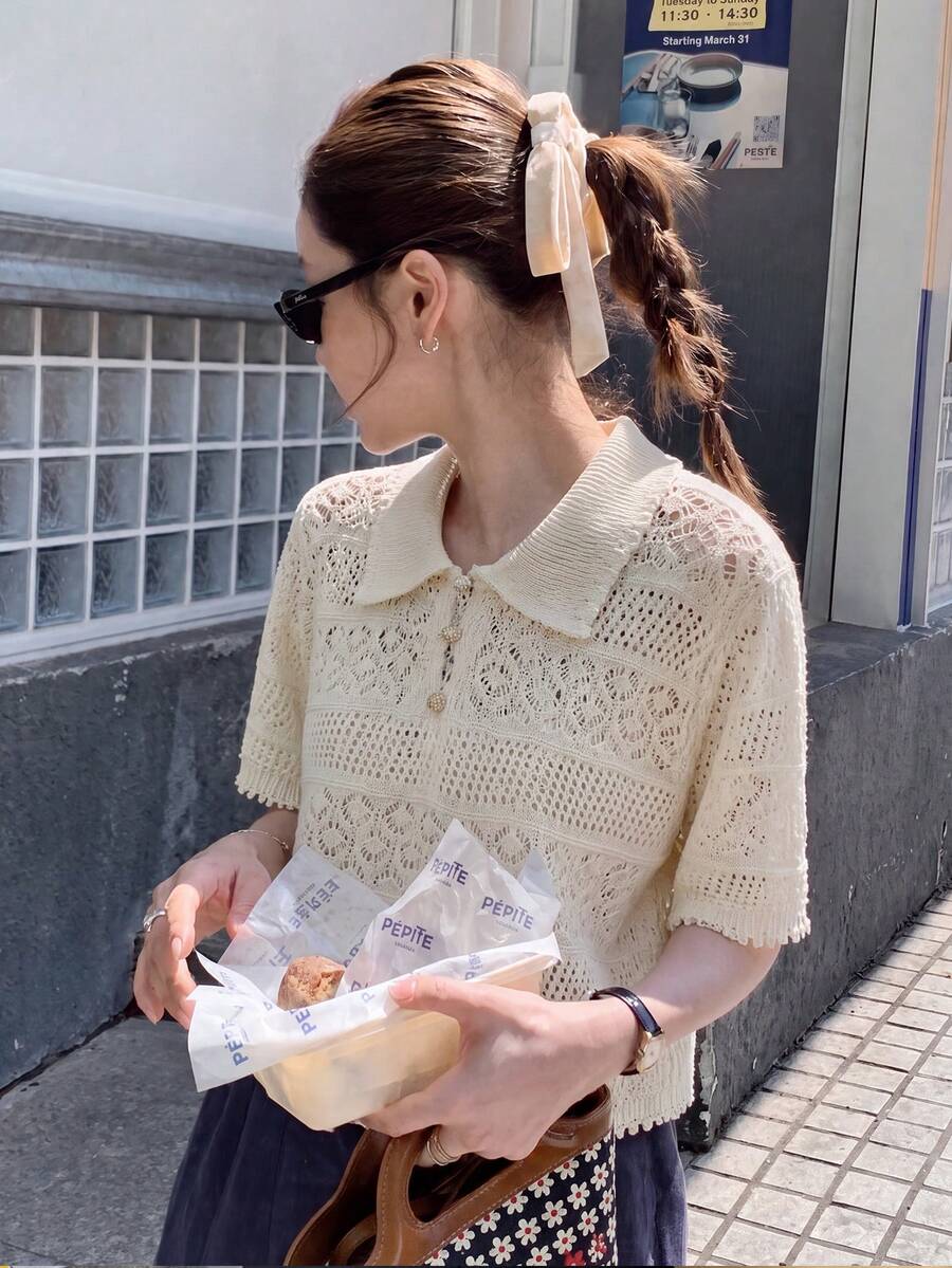韩版纯色轻薄镂空针织上衣,夏季度假沙滩短袖针织Polo衫 白色 - 白色 - 查看 1