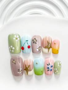 10片裝韓系清新手工穿戴甲 Polygel 凝膠美甲套組，櫻桃、海星、藍莓圖案，藍綠色系活力風，含美甲工具，3種尺寸可選，方型、短方型、杏仁型，適合派對、舞蹈、日常配戴 - 彩色 - 查看 15