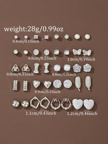 20 Pairs Shiny Rhinestone Faux Pearl Heart & Butterfly Stud Earrings Set, Unique Designs, Women's Jewelry For Daily Wear, Dating, Party, Outing, Holiday Gift - Silver - View 5