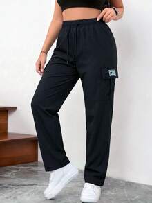 Knot & Curve 2 buah Celana Kargo Kasual Warna Polos untuk Wanita, Desain Tali Serut Pinggang Elastis, Saku Samping, Logo Huruf, Celana Panjang Lurus, Gaya Jalanan - Hitam - View 3