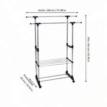 Double Rail Stainless Steel Garment Rack With Wheels And Adjustable Height, Extendable Clothes Drying Rack With Bottom Shoe Shelf, Bedroom And Balcony Organizer - A - 查看 4