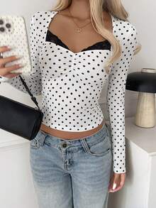 SCARLUX Fall Y2K Women Basic White Polka Dot Long Sleeve Top, Sweetheart Neck Ruched Slim Tee For Back To School Daily Street Outfits - White - View 7
