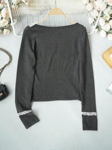 2026 Minimalist Sexy Style Lace Knit Top, V-Neck Criss-Cross Slim Fit Sweater, Gentle Style Knitwear For Women, Autumn/Winter Daily Date Commute, Elastic Knit Fabric Slimming Sweater For Women 18-35 Years Old - Dark Grey - View 8