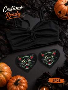 Vintage Black Cat Heart Nipple Pasties, Self Adhesive Breast Covers For Women, Halloween Party, Clubwear, Festival Outfit Accessorie - Multicolor - View 5