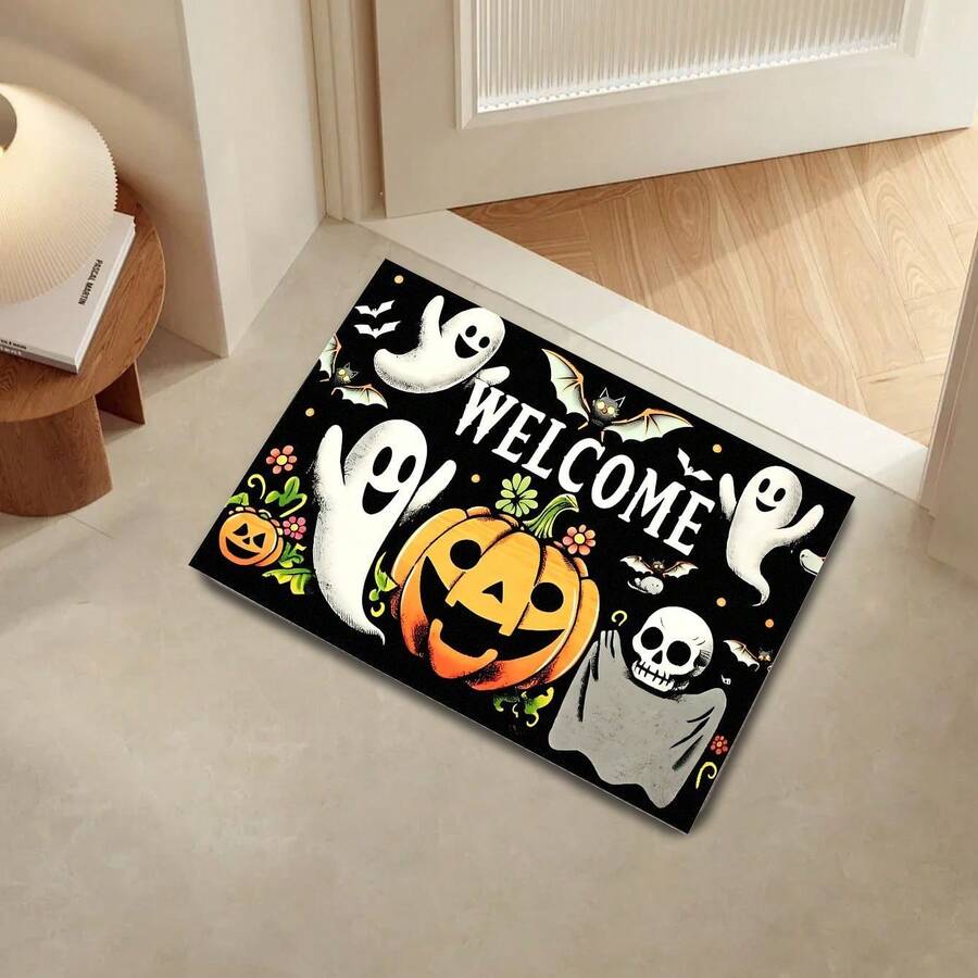 1pc Halloween New Best Seller - Daily Decor - Holiday Decor - Halloween - Pumpkin Ghost Welcome Mat - Small Rug - Halloween Decor, Halloween, Room Decor, Soft Flannel Square Weight 900, Machine Washable Durable, Stain Resistant, Quick Dry, Very Suitable For Indoor Door Mat, Outdoor Door Mat, Quirky Home Decor, Party Atmosphere Decor, Bedroom Rug, Kitchen Rug, Photo Prop, Outdoor Yard Decor, Holiday Gift, Area Rug, All Season Use - Multicolor - View 1