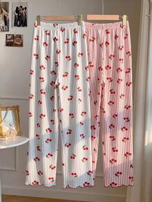2 Pieces Of Soft And Comfortable Cherry Print Striped Sleepwear For Girls, Elastic Waist Wide Leg Pants, Cute Casual Home Wear For Spring/Autumn - Multicolor - View 6
