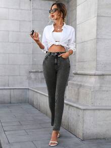 HAPPY GIRL#Spring/Autumn Versatile Fashion Casual Elegant Daily Travel Airport Outfit Denim Slim Fit Flattering Washed Jeans For Women - Grey - View 10