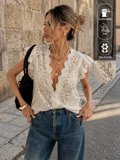 Blusa elegante de mujer EARO con cuello en V y encaje, manga de mariposa, cierre delantero con botones, semi-transparente, ajuste regular, crea un look de moda para el verano