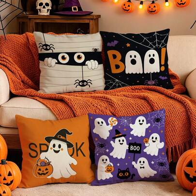 4pcs Cartoon Fun Halloween Pattern Single-Sided Printed Pillow Covers/Cushion Covers, Multi-Scene Atmosphere Decoration Pillow Covers Suitable For Living Room Sofa Bedroom, Without Pillow Insert, 40x40cm/45x45cm/50x50cm