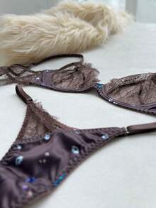 Sexy Elegant Satin Floral Lace Bra Set, Women 2 Pieces Lingerie Set With Thong - Brown - View 5