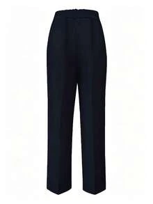 Pantalones de oficina de unicolor con bolsillo y botón para mujer de talla grande, primavera - Azul Marino - Ver 3