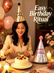 10pcs Metallic Color Happy Birthday Cone Paper Party Hats With Pom Poms, Gold And Laser Silver Printed Birthday Hats With Elastic Cord, Birthday Party Decoration Photo Props, For Celebration Events - Birthday Hat - View 4