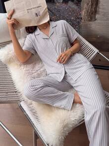 2pcs/Set Women's Pajama Set Grey & White Striped Pocket Embroidered Heart Short Sleeve Lapel Top And Pants, Suitable For All Seasons - Light Grey - View 5