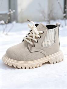 1 Pair Kids' Knit Patchwork Motorcycle Boots, Autumn/Winter Single Lining, Round Toe, Thick Sole, Non-Slip, High-Top Casual Work Boots For Boys And Girls - Beige - View 5
