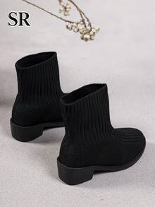 1 Pair Fashion Ribbed Knit Girls Slip-On Ankle Boots, Minimalist Solid Color Ankle Boots, Suitable For Weekend Shopping And Daily Wear - Black - View 7