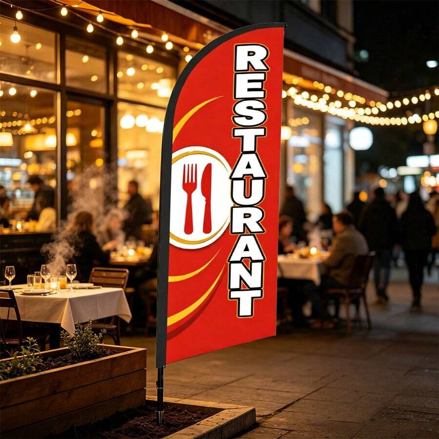 商業餐廳羽毛旗 7.2英尺戶外耐撕裂聚酯纖維廣告拱形旗幟(含旗桿與地樁)-適用於商店、派對與店面裝飾 - 餐廳 - 查看 1