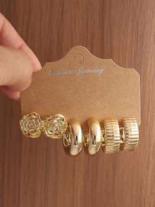 6-18pcs Gold Women's Earring Set, With Flower, C-Shape, Striped Teardrop And More, Fashion Party, Travel Vacation, Gift Engagement, Suitable For Various Occasions, (Made Of Hypoallergenic Non-Fading CCB Material) - Gold - View 4