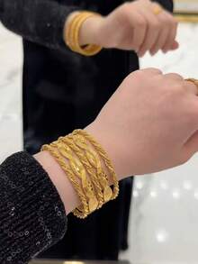 5pcs Classic Arabic Style 21K Gold Plated Leaf Engraving & Twisted Rope Detail Stackable Bracelets, Suitable For Women's Daily Wear And Celebrations - SZ-3 - View 9