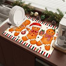 1pc Christmas Dish Drying Mat, Coffee Machine Mat, Christmas Gingerbread Man Pattern Dish Drying Mat, Absorbent Quick-Dry Table Protector, Christmas Holiday Table Mat, Kitchen Countertop Non-Slip Drainage Mat, Holiday Atmosphere Decorative Mat Home Gift, Desktop Decoration - XYLSD-855 - View 2