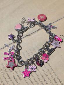 1pc Polka Dot Bow Heart Charm Bracelet, Leopard Print Star Bracelet, Cross Button Bracelet - Silver - View 8