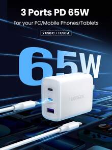UGREEN 65W 快充充電器，3 埠 Type-C PD 介面，相容 Samsung S24 Ultra 平板電腦與 16/15/14 Pro Max，支援 SFC 2.0 超快充，高輸出功率 - 白色 - 查看 4