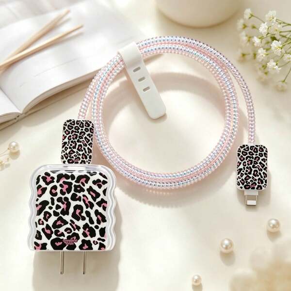Leopard Print Charger And Cable Protector Set, Durable Apple 18-20W Charging Cable Protective Case, Anti-Break Cable Organizer
