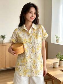 YUXIN Women's All-Over Print Button Front Batwing Sleeve Shirt Vacation - Yellow - View 2