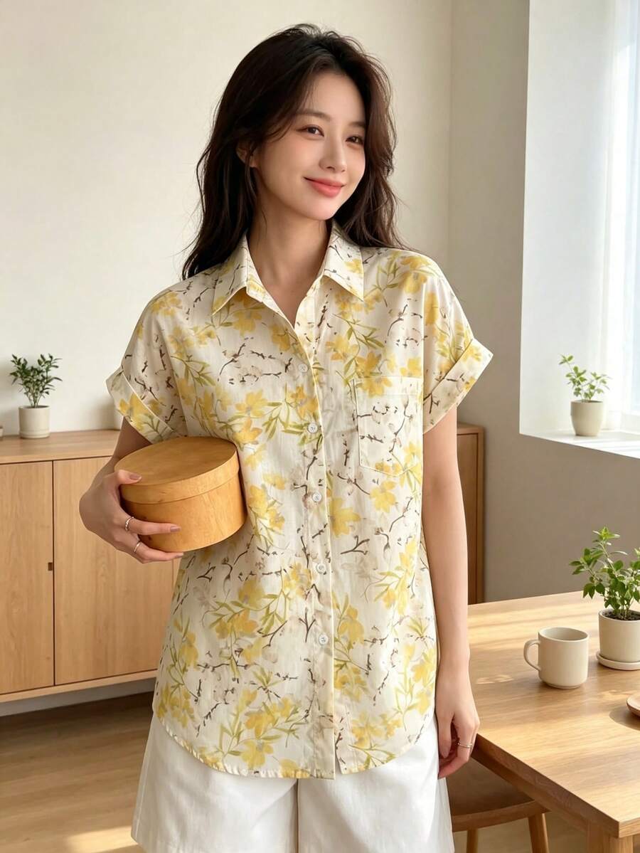 YUXIN Women's All-Over Print Button Front Batwing Sleeve Shirt Vacation