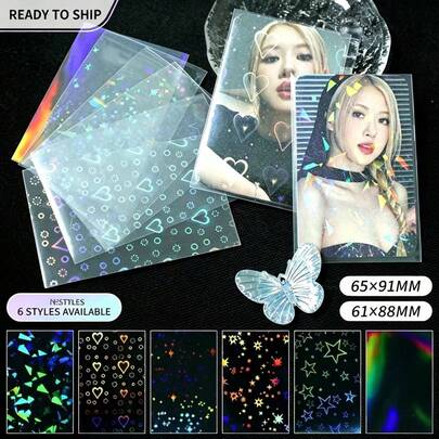 100pcs Glitter Photo Card Sleeves, Holographic Card Sleeves, Compatible With Collectible Cards, Penny Sleeves, Rainbow Pattern Card Protectors, Star, Heart And Flower Card Sleeves, Card Protectors, Rainbow Starry Sky Transparent Laser Compatible With Photo Cards, Trading Cards, Game Cards - Starry Sky Laser Sparkling Effect Protectors, With Holographic Film Protection, Mini Photo Card Box
