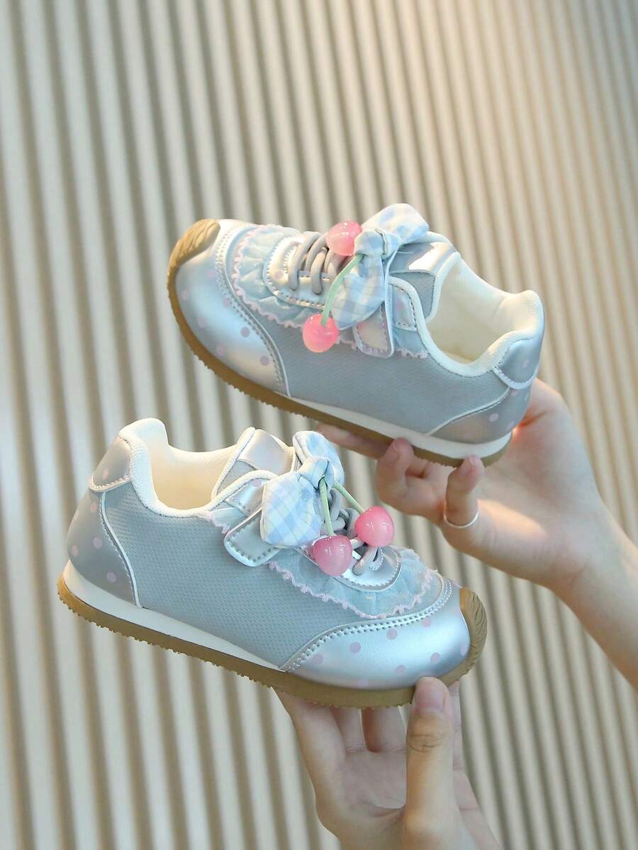 Spring/Autumn New Girls' Sports Shoes, Polka Dot Cherry Bowknot Kids Non-Slip Soft Sole Casual Shoes