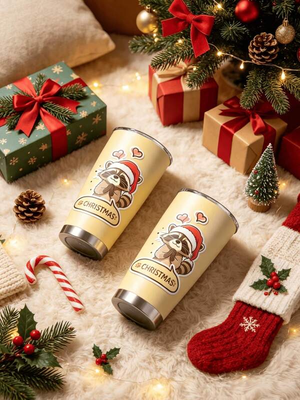 1pc/5pcs 20oz Santa Hat Raccoon Tumbler. Stainless Steel With Metal Straw & Leakproof Lid. Raccoon In Santa Hat, Hearts & Christmas Lettering On Cream. Double-Wall Vacuum Insulation. Practical Daily Drinkware & Sweet Christmas Gift For Animal Lovers.