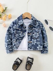 Baby Girls Spring Autumn Floral Print Denim Jacket,Lapel Button Down Coat With Pockets For Daily Home Outdoor Wear New - Blue - View 4