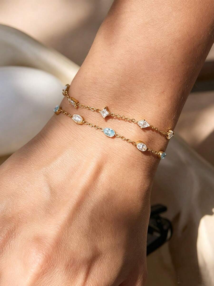 S SHOPBOHO 1pc Compact Stackable Lake Blue Sapphire Zirconia Bracelet, Waterproof & Durable For Daily Wear - Stackable Bracelet - View 1