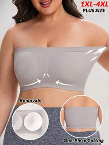 Women's Strapless Bra Plus Size Bandeau Top Solid Color Underwear - Light Grey - View 1