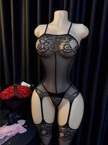 4pcs Women Lace Bodystocking Lingerie, Floral Fishnet Romantic Sleepwear For Date Night - Black - View 5