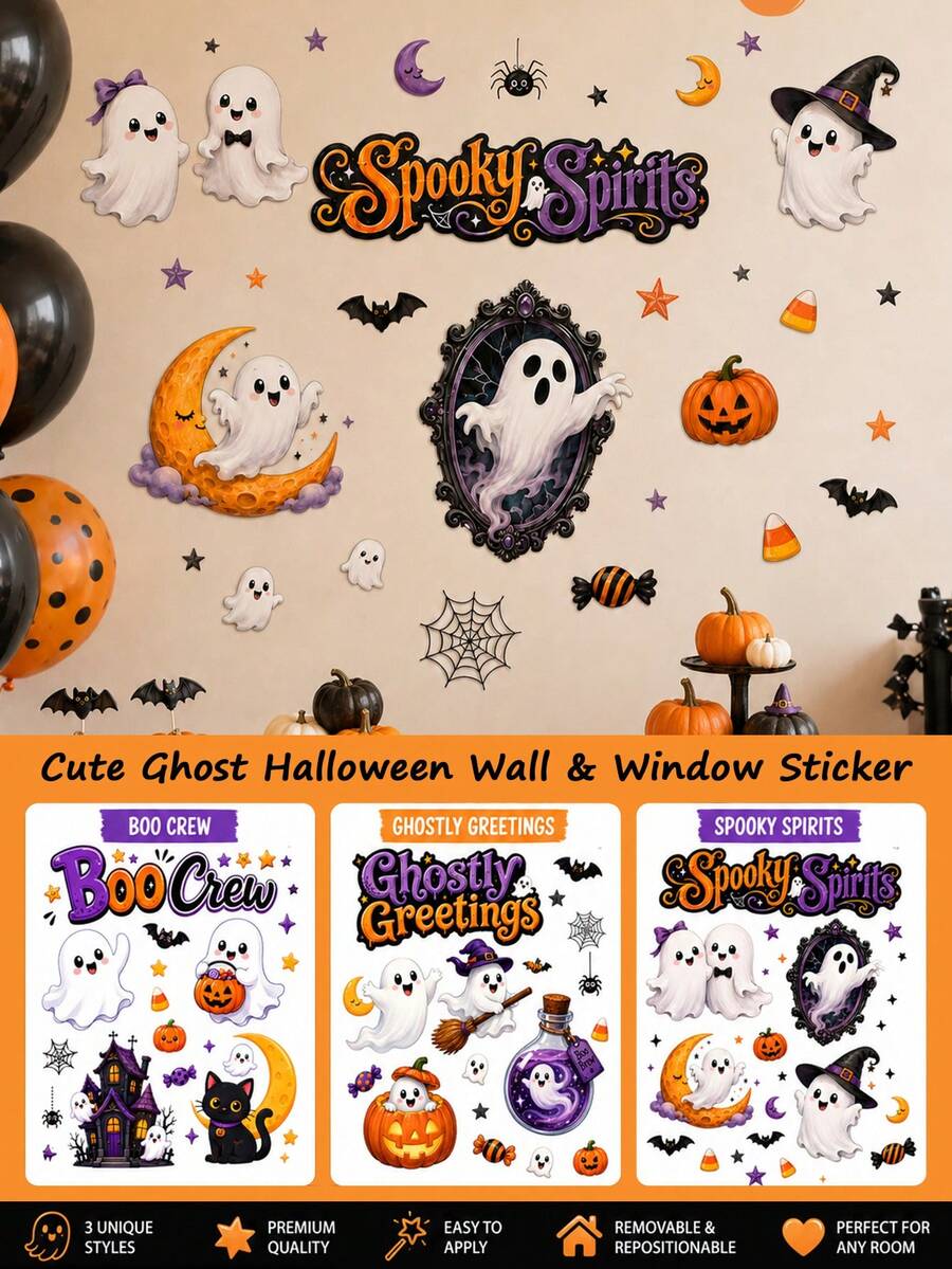 SUPSTICKER 1PC Cute Ghost Halloween Wall & Window Sticker, Self-Adhesive Removable PVC Decal For Home Party Decor, 3 Styles - Multicolor - View 1