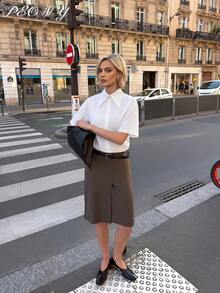 2024 Spring, Summer, Autumn Women's Fashion Blouse, Elegant Short Sleeve Button-Up Shirt, Office Lady Chic Top, Summer Wear, Spring Wear, Summer Top, Valentine's Day And New Year - White - View 1