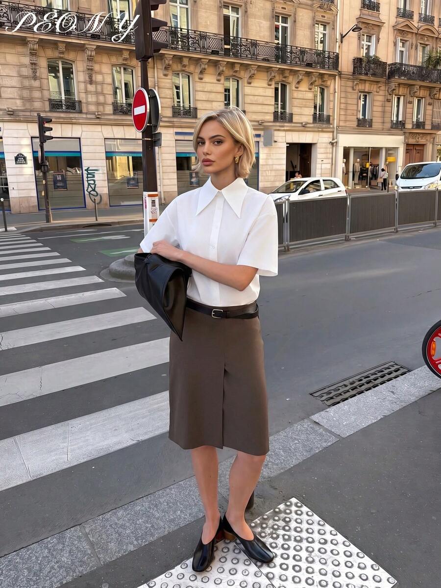2024 Spring, Summer, Autumn Women's Fashion Blouse, Elegant Short Sleeve Button-Up Shirt, Office Lady Chic Top, Summer Wear, Spring Wear, Summer Top, Valentine's Day And New Year - White - View 1