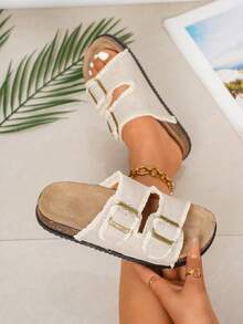 Summer New Casual Style Women's Flat Sandals, Round Toe Open Toe Adjustable Metal Buckle Decor Women's Summer Sandals, Suitable For Travel, Street, Home, Party, Shopping And Other Casual Occasions Women's Beige Sandals, Can Be Matched With Any Outfit Women's Summer Slippers - Beige - View 8