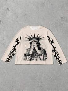 Plus Size Men's Graphic Long Sleeve Top, Urban Flame Sleeve Design With Face-Covering Goddess Portrait And Lettering, Regular Casual Pullover - Champagne - View 2
