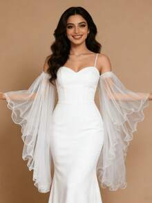 White Ruffled Bridal Detachable Sleeves, Long Loose Mesh Sleeve Accessory, Coquette Fairy Women Decor For Wedding, Prom, Party & Travel Photoshoot - Milky White - View 2