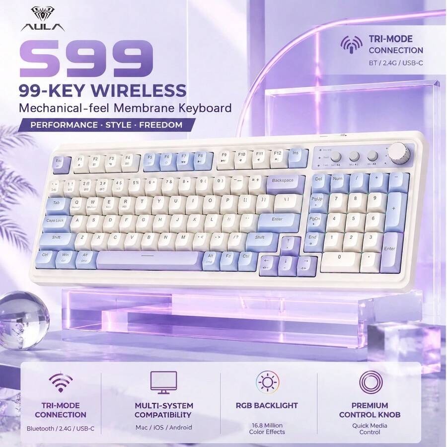 AULA Tombol Kontrol Volume S99, Lampu Latar RGB Senyap, Bluetooth/2.4G/Kabel, Keyboard Nirkabel Triple Connect dengan Sensasi Mekanik, Tata Letak Ringkas 99 Tombol untuk PC Laptop Mac Tablet Gaming Kerja Kantor
