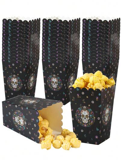 16/24/40/48/60PCS Halloween Popcorn Boxes, Paper Snack Containers And Candy Cups, Floral Sugar Skull, Gem And Day Of The Dead Print Candy Treat Favor Boxes For Halloween Celebration, Movie Night, Carnival,Candy Buffet, Dessert Table And Autumn Events