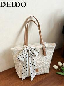 Dedoo Women's Lace Tote Shoulder Bag, Floral Hollow Lace, Polka Dot Bow Decor, Large Capacity, Fresh Pastoral Style, Suitable For Commuting, Shopping, Vacation, Spring/Summer - Multicolor - View 8