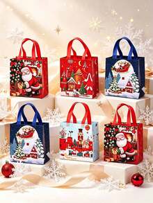 4pcs/Set Christmas Handheld Gift Bags, Santa Claus Sled Christmas Tree Castle Pattern, Snack Candy Bags, Happy Festival Decorations, Festival Decorations, Party Gifts, And Snacks - Multicolor - View 3
