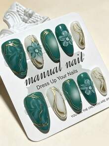 10pcs 3D Gold Embossed Decorative Nail Stickers Y2K Style Almond Shaped Nail Art Supplies - 薄荷綠 - 查看 2
