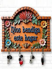 2D Flat Wooden Key Rack With Floral Home Blessing Hooks, Suitable For Wall, Porch, Room, Villa Decoration, Seasonal Home Decor Entryway Storage Display Rack - Multicolor - View 4