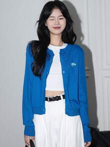 [Y6Y]Women's Solid Color Knitted Button Cardigan, Long Sleeve Letter Embroidery Loose Fit Thin Jacket, Autumn/Winter - Blue - View 7