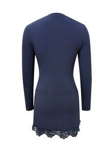 LovelyWholesale Women'S Solid Crew Neck Long Sleeve Crop Top Drawstring Waist Lace Trim Mini Skirt 2 Pieces Set, Stretchy Night Out Outfit Fall Outfit - Navy Blue - View 6